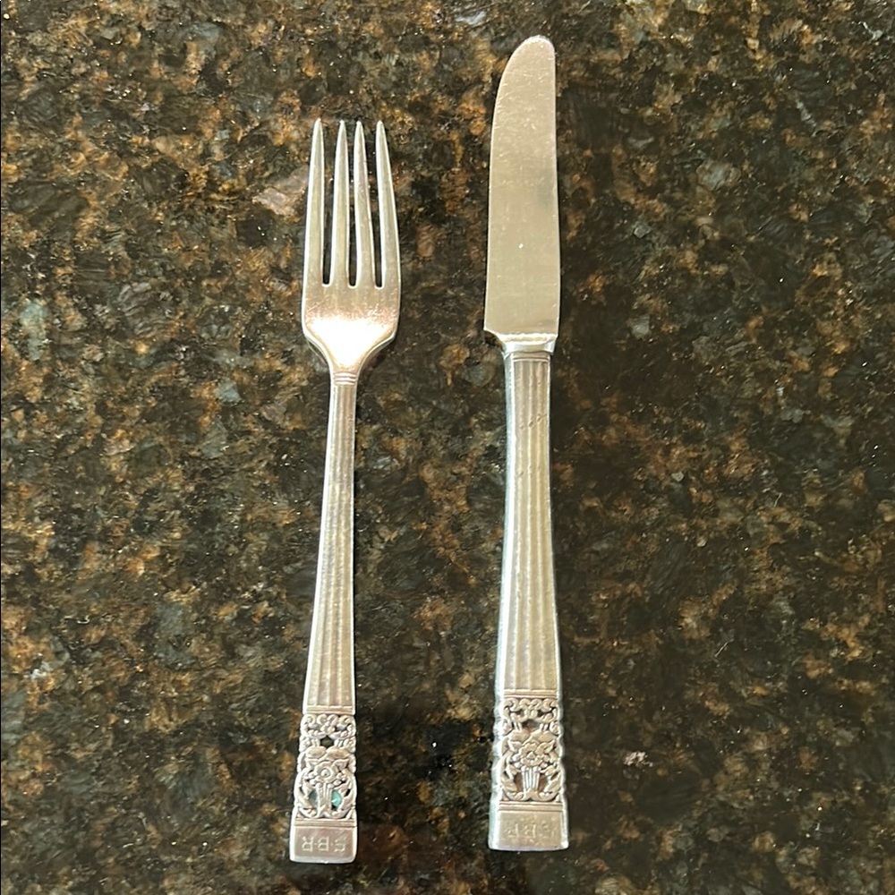 Silver Plate Flatware Vintage Fork & Knife for Child  with Ornate Design